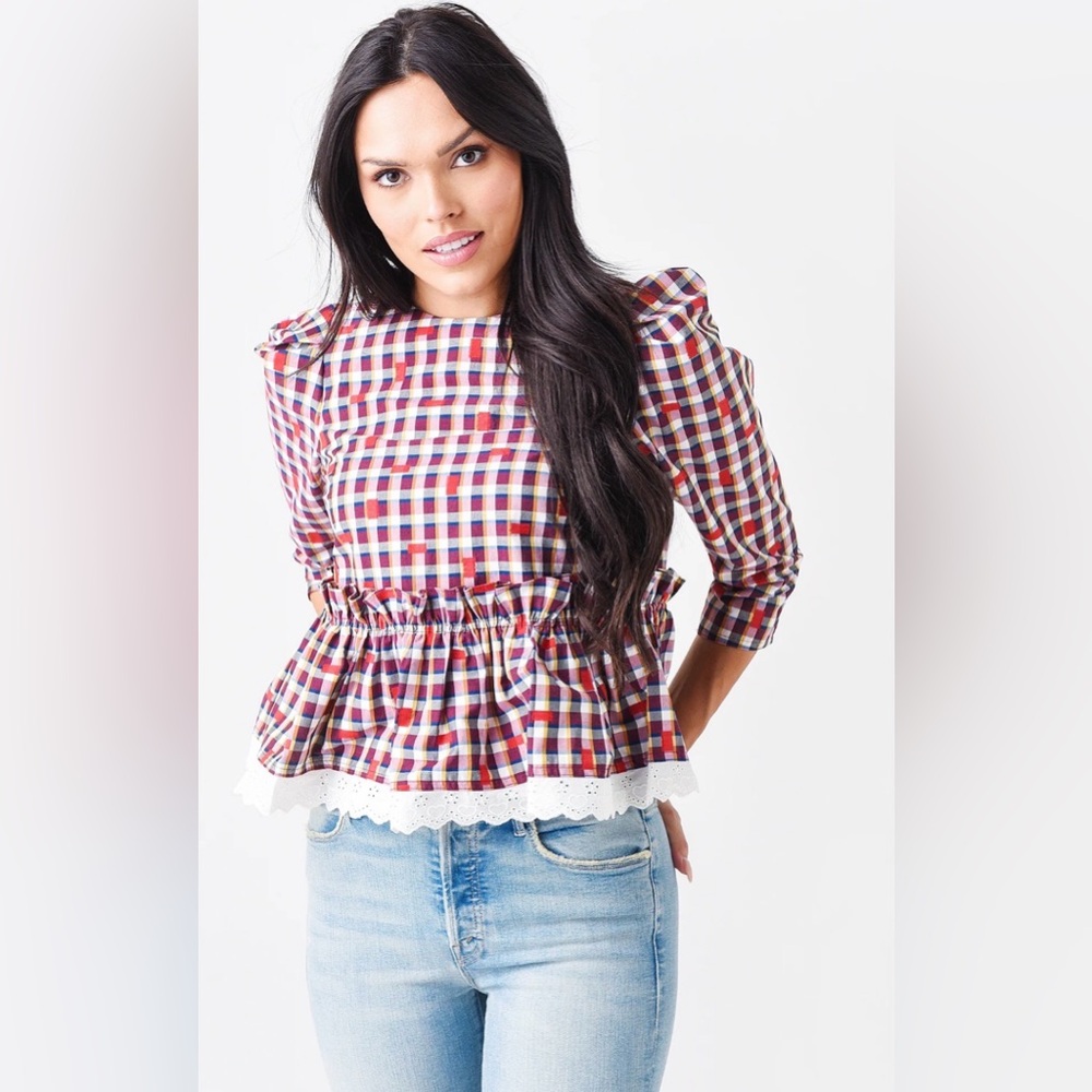 Hunter Bell Delilah Top Peplum Check Print Eyelet Lace Trim Sz Xs Red Purple